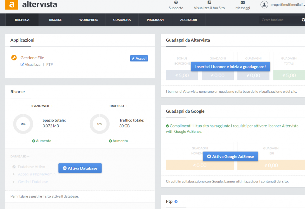 Come configurare uno spazio hosting su Altervista